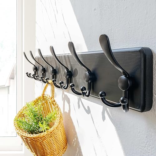 Dseap Coat Rack Wall Mounted - 24" Long 6 Tri Hooks, Heavy Duty Wooden Wall Coat Hanger Coat Hook for Clothes Hat Jacket Clothing, Black - color: Black, size: L=24"