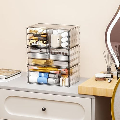 Yieach 3 Pack Clear Storage Drawers With 10 Drawers,Stackable 11.1” Large Acrylic Drawer Organizer and Makeup Organizer For Vanity,Bathroom Countertop,Cabinet,Pantry,Office Supply Storage Bins Drawers - size: Large 10 Drawers