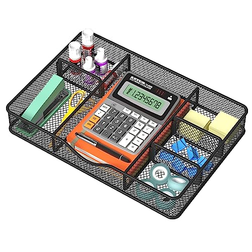 VyGrow Desk Drawer Organizer, Metal Mesh Drawer Organizer Tray with 6 Adjustable Compartment, Tray Organizer for Desktop, Kitchen, Bathroom, Makeup, Vanity - 14.5x8.8x1.96 inch, Black, 1PC Large - color: 1PC Large