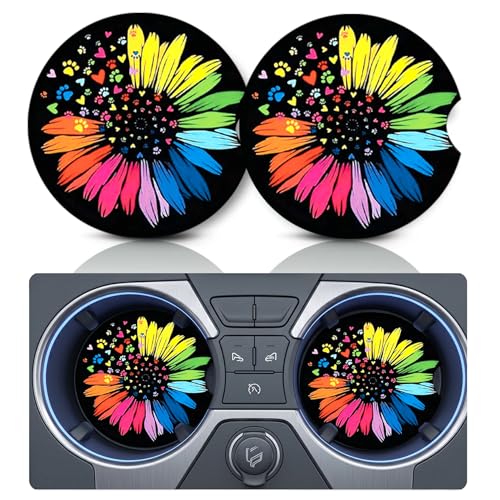 2PCS Sunflower Car Cup Holder Coasters,Cars Coasters for Cup Holders, 2.75" Universal Anti-Slip Rubber Mat with Finger Slot,Car Accessories Sunflower Gifts Interior Decor - color: Colorful Sunflower