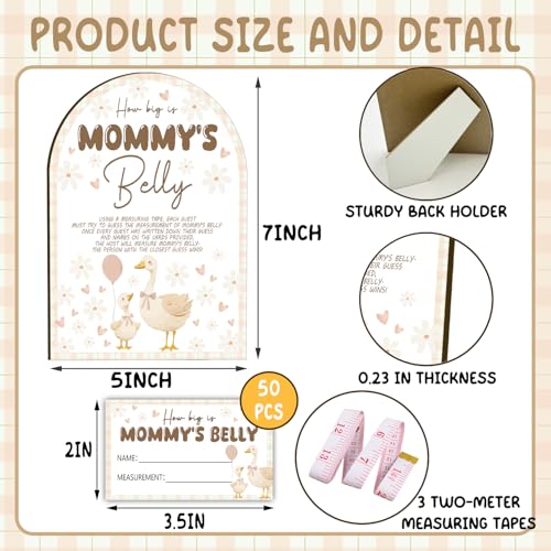 54 Piece Goose Wooden Signs with 50 Guest Game Cards - Measure Your Belly Baby Shower Game Birthday Supplies Party Decorations, Baby Shower Table Signs Centerpieces