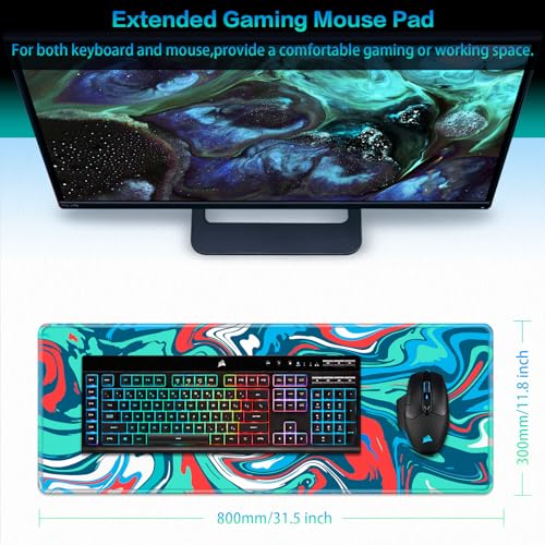 Canjoy Gaming Mouse Pad, Fluid Pattern Mouse Pad 31.5x11.8inch Large Extended Computer Mouse Mat Keyboard Full Desk Mousepad for Gaming, Office, Home - color: Blue-Red Fluid, size: 800*300mm