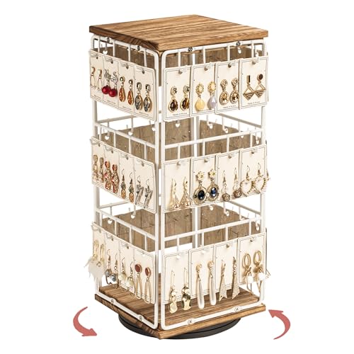 360 Rotating Earring Display Stands for Selling, Earring Rack Display Holder Stand, Jewelry Display for Vendors Selling Earring Cards, Necklaces, Bracelets, Hair Accessories (48 Hooks) - color: White+Brown, size: 1Pcs-Rotating Size