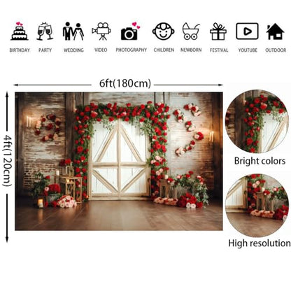 6x4ft Red Rose Brick Wall Wood Door Backdrop for Wedding Bridal Shower Party Decorations Mother's Day Valentine's Day Engagement Backdrops Portrait Photo Booth Props - size: 6x4ft