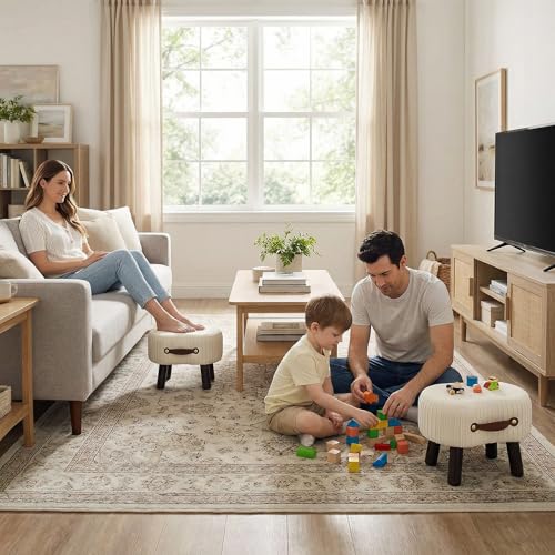 Foot Stools Small, White Ottomon with Handle, Velvet Footrest | Curved Foot Stool with Padded Seat Wooden Legs, Portable Foot Rest for Living Room, Bedroom, Entryway (White) - color: Bright White