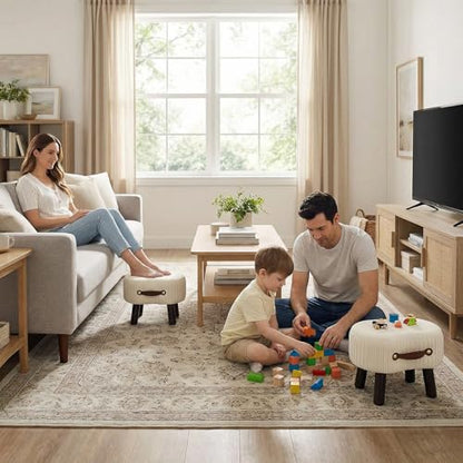 Foot Stools Small, White Ottomon with Handle, Velvet Footrest | Curved Foot Stool with Padded Seat Wooden Legs, Portable Foot Rest for Living Room, Bedroom, Entryway (White) - color: Bright White