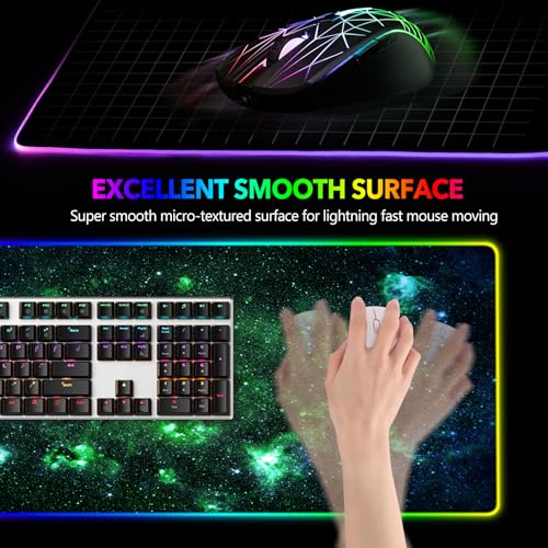 AIMSA RGB Gaming Mouse Pad Extended, Large Led Mousepads Non-Slip Rubber Base with 14 Lighting Modes, Computer Keyboard Mat Soft Desk pad 35.4 x 15.8 inches, Green Star River - color: Green Star River