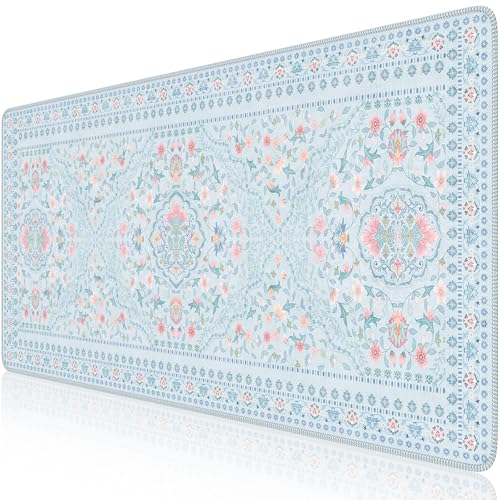 HAOCOO Floral Desk Mat for Keyboard and Mouse, Large Laptop Mouse Pad, Waterproof Makeup Mat, Cute Desktop Mat for Home, Deskpad for Office, Desk Mat for Dorm(Blue) - color: Pastel Blue, size: 35.4" x 15.7"