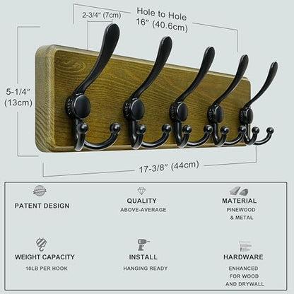 Dseap Wall Mount Coat Hanger - Heavy-Duty Robust Barnwood-Style Wooden Hook Rail with 5 Triple Hooks for Winter Coats, Hats, Jackets, Weathered Green & Black - color: Weathered Green & Black, size: L=17.4"