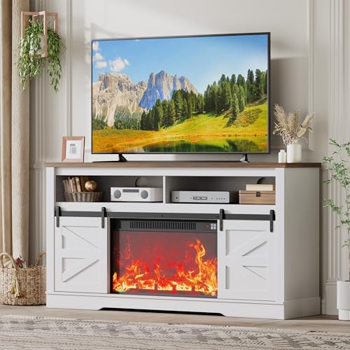 JUMMICO Fireplace TV Stand for 65+ Inch TV with 26'' Fireplace Entertainment Center with Storage Cabinet and Adjustable Shelves Media Console with Sliding Barn Door for Living Room (Bright White) - color: Bright White, size: 58 Inch Fireplace TV Stand