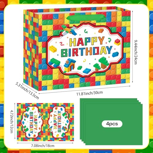 Hooqict Large Building Blocks Birthday Gift Bag Happy Birthday Gift Wrapping Bag with Handles, Tissue Paper, Greeting Card for Kids Boys Girls Building Bricks Theme Party Decorations Supplies - color: Building Blocks