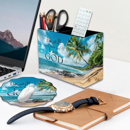 Pen Holder and Anti-Slip Mouse Pad Combination, Makeup Brush Storage Box, Tableware Storage Box, Suitable for Office and Home - Beaches and Palm trees - color: Beaches and Palm trees