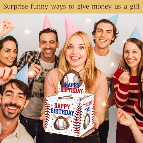 ChillHui Baseball Birthday Money Gift Boxes for Cash, Sport Birthday Money Pull Box for Boys Girls - color: Blue Baseball