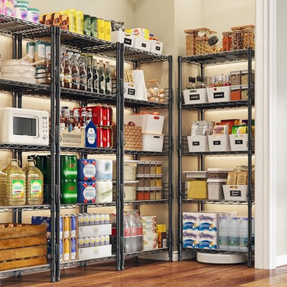 REIBII 5 Tier Wire Shelves with Side Blockers Pantry Shelves Organizers with Hooks & Shelf Linker Adjustable Metal Shelving for Storage, Kitchen,Pantry,Bathroom,Laundry Room,59.1"H x 21.7"W x 13.8"D