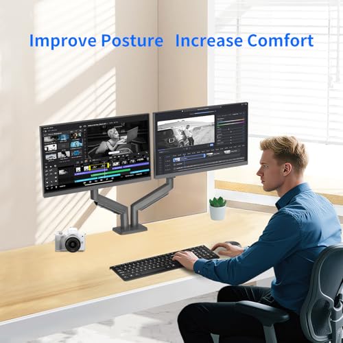 Dual Monitor Stand for 13 to 32 inch Screens, Gas Spring Monitor Arm with Swivel, Tilt, Rotation, Height Adjustable, Desk Mount with C-Clamp and Grommet Base, Each Arm Holds 4.4 to 19.8lbs Screen - size: Non-RGB Dual Arm Black