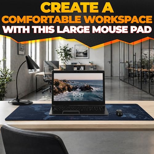 Wide Desk Coverage Full World Map Mouse Pad XL - 35x15.7 World Map Desk Mat Large with Geographical Print Layout - Soft and Water-Resistant Surface, Non-Slip Bottom, Suitable for Games and Work