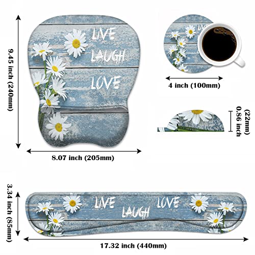 Mouse Pad Wrist Support and Keyboard Wrist Rest Set with Coasters, Dreamy Daisy Vintage Wood Board Live Love Laugh with Non-Slip PU Base Ergonomic Mousepad for Home Office Working Studying - color: Dreamy Daisy Vintage Wood Board Live Love Laugh