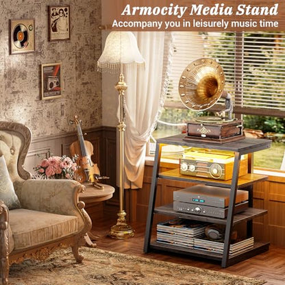 Armocity 4-Tier AV Media Stand with Power Strips, Stereo Stand with LED Lights, Rack Audio Tower with Adjustable Shelves, Small Entertainment Center, 30'', Grey Oak - color: Grey Oak, size: 30" (H)