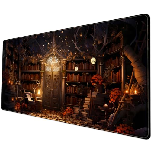 Vintage Desk Pad Magical Bookshelf Desk Mat Extra Large Big Office Mouse Pad Gaming with Stitched Edges Large Mousepad Home Office Gaming Work Computers Laptop Desk Accessories 31.5x11.8in - color: C-gothic Study