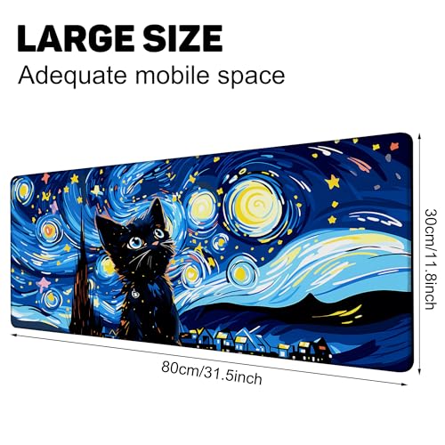 Starry Night Cat Gaming Mouse Pad Large Desk Mat Extended Keyboard Anime Mousepad with Non-Slip Base and Stitched Edge for Desk Home Office Gaming,31.5 x 11.8 Inch - color: Starry Night Cat, size: 11.8*31.5inch