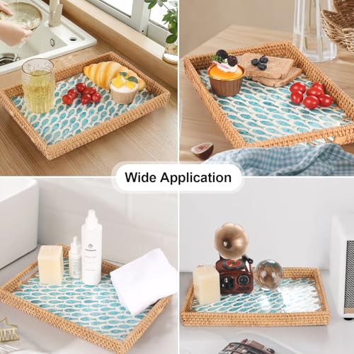 Rectangle Rattan Tray with Mother of Pearl Inlay, Rattan Serving Tray with Handle for Coffee, Bread, Fruits, Snacks, Decorative Wicker Tray for Table Decor (Rectangle Turquoise Fish, 13"×9") - color: Turquoise Fish