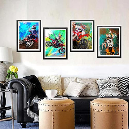 HUACANVASART Motorcycle and Racer Poster Wall Art Prints, Watercolor Abstract Motorcycle Racing Racer Art, Set of 4, 10x8 Inch, Unframed, Indoor, Living Room, Bedroom, Home Office, Kids Room