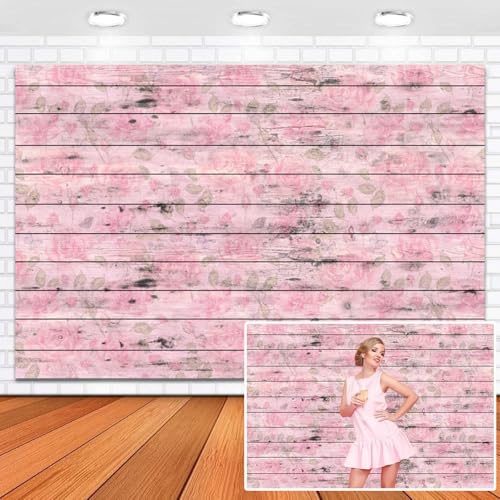 Rustic Pink Wood Floral Backdrop 5x3ft Vinyl Wooden Board Plank Floor Photo Background Flower on Wall Birthday Baby Shower Girls Party Decorations Photography Props - color: pink rose, size: 5x3ft
