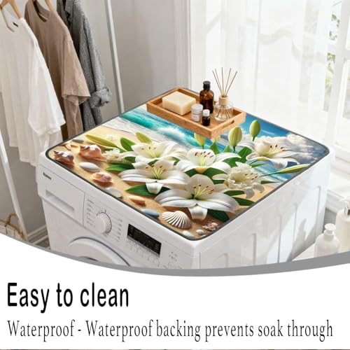Nuxovilar Beach Lilies & Seashells Dryer Cover for the Top, Non-slip Washer & Dryer Protector, 23.62"x19.68" Dust-proof Washing Machine Mat, Diatom Mud Polyester Top Pad for Laundry Room - color: YHC00301