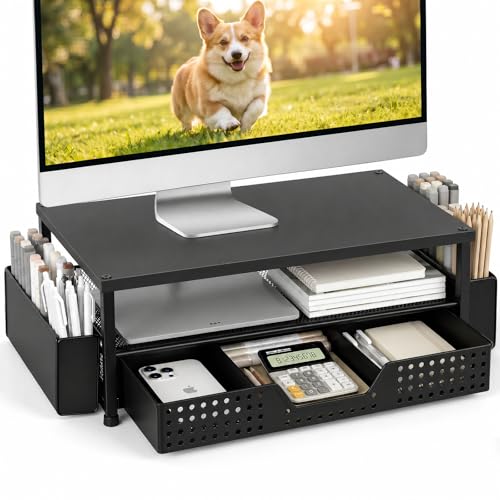 ECOLOVI Desk Organizer and Accessories, 2-Tier Computer Monitor Stand Rise with Storage Drawer & 2 Pen Holders, Laptop & Printer Stand for Desktop, Workspace Organizers for Office Supplies (Black Wood) - color: Black Wood