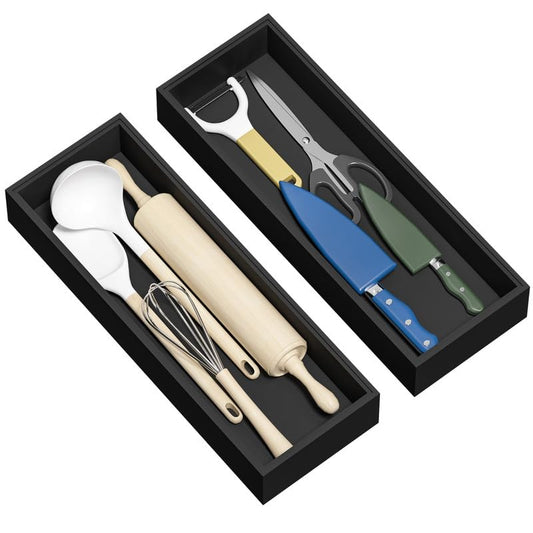 Kitchen Drawer Organizer Tray, Stackable Black Bamboo Drawer Organizer for Large Silverware, Utensils, Cutlery, Flatware, Junk, Dresser, Bathroom, 17" x 6" x 2.5" (Set of 2) - color: Black, size: 17 x 6 x 2.5 Inch