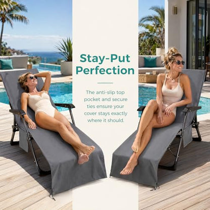 VOCOOL Lounge Chair Towel Cover Beach Chair Cover Grey 85" x 30" | Ultra Plush & Absorbent Micro Chaise Chair Towel for Sun Lounger Patio Hotel Garden, Quick Dry, Non-Slip Design with Pockets - color: Grey