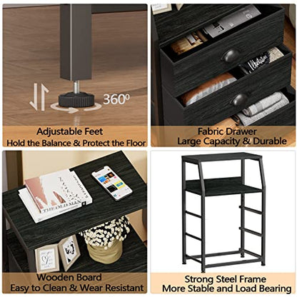 Furnulem Black Night Stand, Small Dresser for Bedroom, Nightstand with 3 Fabric Storage Drawers and 2-Tier Shelf, End Table Side Furniture for Closet, Hallway, Nursery, Sturdy Steel Frame, Wood Top - color: Black Oak, style: 3 Drawers
