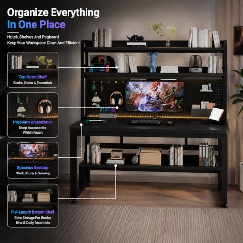 47 Inch Gaming Desk with 1 Power Outlet, 2 USB & LED Lights, Computer Desk with Hutch, Pegboard, Home Office Desk with Shelves for Bedroom, Study (Black,47inch) - color: Black, size: 47inch