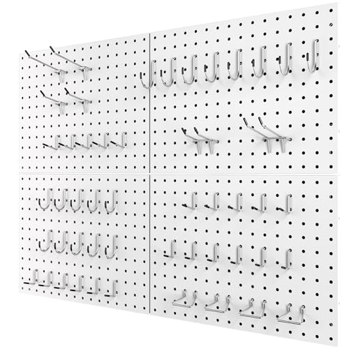 Peg Board 4 Pack Metal Pegboard Panels with 50 Hooks, White Pegboard Organizer - color: White, size: 16x12"- 4 Pcs