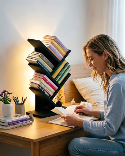 Godferyxin Bookshelf with Liting,Small Bookshelf LED and Desktop Book Shelf Light for Office, Home or School Mini Bookcase for Wood Displaying Books, CDs, Magazines Wood Shelf Rack - color: 5tier-bookshelf Liting Black