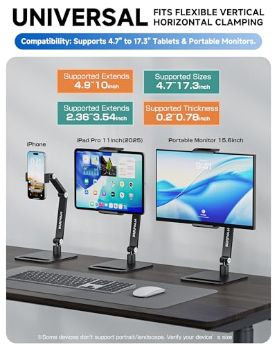 Portable Monitor Stand for 15.6'',17.3'', Tablet Stand Holder for iPad | Aluminum Alloy Foldable Arm Mount with 360° Swivel, Desk Holder Compatible with 4.7-17.3inch Tablet iPad Pro - color: Black