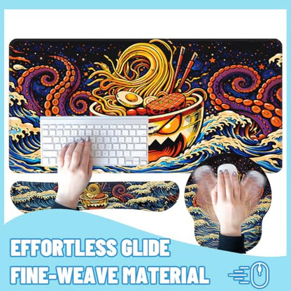 Ramen Desk Mat Set Funny Octopus Japanese Cartoon Large Mouse Pad with Wrist Rest 4in1 Desk Mat for Desktop Ergonomic Keyboard Wrist Support Anti-Slip Computer Ergonomic Mouse Pad Home Office Gaming - color: Ramen