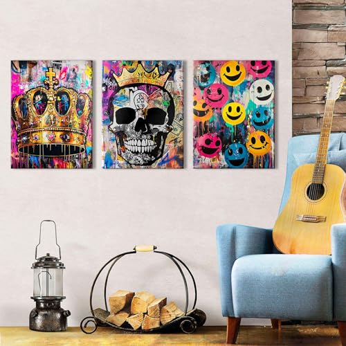 Skull Wall Art Banksy Graffiti Pictures Wall Decor Colorful Smile Expression Prints Paintings Street Abstract Gold Crown Artwork for Living Room Bedroom Bathroom Man Cave Home Decorations 12x16" 3pcs - color: Banksy Skull, size: 12"l X 16"w
