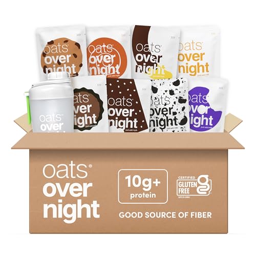 Oats Overnight Dessert Variety Pack - High Protein, High Fiber Breakfast Protein Shake - Gluten Free, Non GMO Protein Oatmeal - Salted Toffee, Chocolate Satin Pie & More (8 Pack + Shaker Bottle) - size: 2.6 Ounce (Pack of 9)
