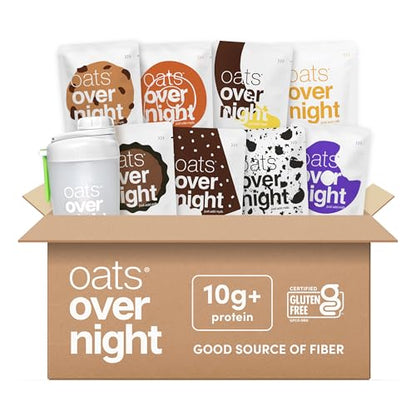 Oats Overnight Dessert Variety Pack - High Protein, High Fiber Breakfast Protein Shake - Gluten Free, Non GMO Protein Oatmeal - Salted Toffee, Chocolate Satin Pie & More (8 Pack + Shaker Bottle) - size: 2.6 Ounce (Pack of 9)