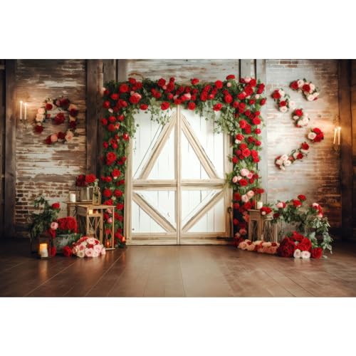8x6ft Red Rose Brick Wall Wood Door Backdrop for Wedding Bridal Shower Party Decorations Mother’s Day Valentine's Day Engagement Backdrops Portrait Photo Booth Props - size: 8x6ft