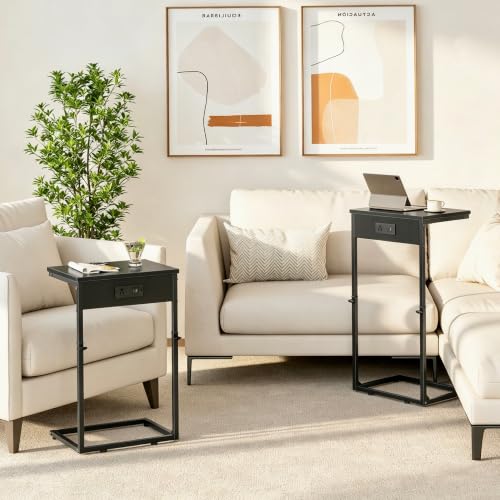 Vagusicc C Shaped End Tables Set of 2 with Charging Station, 33.2'' Tall C Table Adjustable Height Side Table, Small Side Table for Small Spaces, Couch Sofa Table TV Tray for Living Room, Black - color: Black (2 Pack), style: With Plug