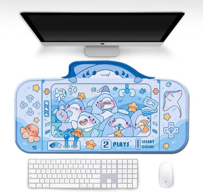 PERFECTSIGHT Cute Shark Party Desk Mat Kawaii Desk Pad, Switch Large Gaming Mouse Pad, Funny Crane Machine Deskmat Mousepad, Anime Blotter Protector Laptop Keyboard Pad for Women Kids Girls Boys - color: Blue