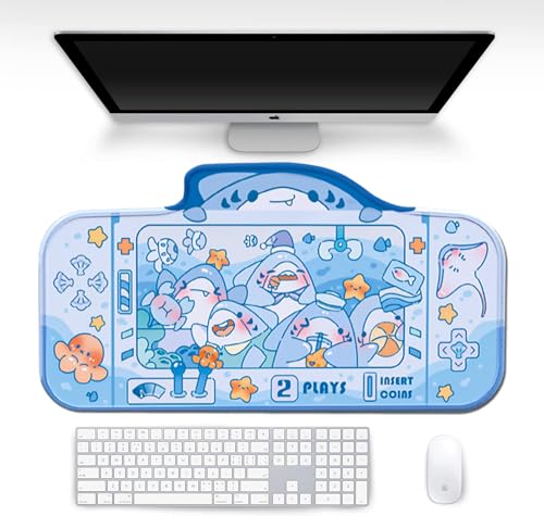 PERFECTSIGHT Cute Shark Party Desk Mat Kawaii Desk Pad, Switch Large Gaming Mouse Pad, Funny Crane Machine Deskmat Mousepad, Anime Blotter Protector Laptop Keyboard Pad for Women Kids Girls Boys - color: Blue