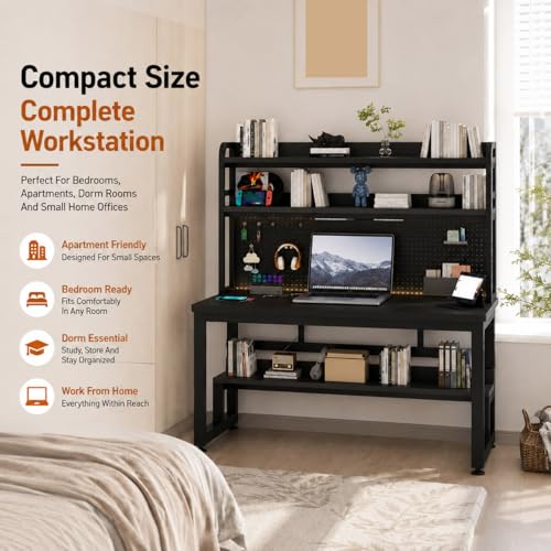 47 Inch Gaming Desk with 1 Power Outlet, 2 USB & LED Lights, Computer Desk with Hutch, Pegboard, Home Office Desk with Shelves for Bedroom, Study (Black,47inch) - color: Black, size: 47inch