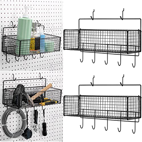 Shimeyao 2 Pcs Pegboard Accessories Set Including 2 Pegboard Baskets Bins with 5 Hooks 4 extra Hooks Black Metal Wire Basket Wall Mount Organizer for Workbench Garage Storage Attachments
