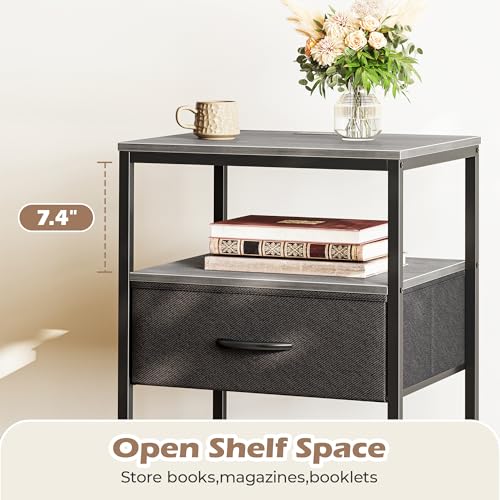 SUPERJARE Night Stand with Charger Station, 27.7 Inch Tall Nightstand with Adjustable Fabric Drawer, Bed Side Table, Fabric Drawer Dresser for Bedroom, Living Room, Charcoal Gray and Black - color: Charcoal Gray and Black, size: L (15.7"D x 17.7"W x 27.7"