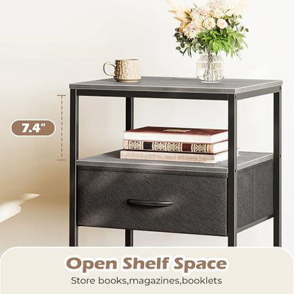 SUPERJARE Night Stand with Charger Station, 27.7 Inch Tall Nightstand with Adjustable Fabric Drawer, Bed Side Table, Fabric Drawer Dresser for Bedroom, Living Room, Charcoal Gray and Black - color: Charcoal Gray and Black, size: L (15.7"D x 17.7"W x 27.7"