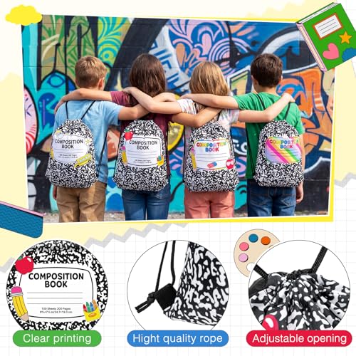 Yiyiring 16 Pcs Teacher Appreciation Drawstring Gift Bags, 12 x 10'' Composition Book Bag with 4 School Themed Designs Apples Pencils Gift Bags for Teacher End of Year Graduation Party (Composition) - style: Composition