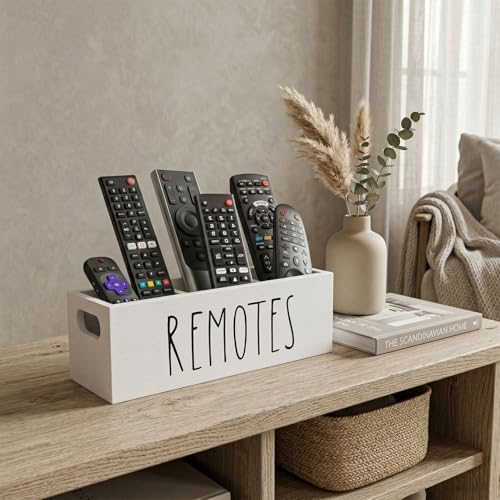 Remote Control Holder, Farmhouse Remote Storage Caddy, Bedside TV Controller Box, Rustic Wood Media Organizer Tray for Home Bedroom Table (White) - color: White
